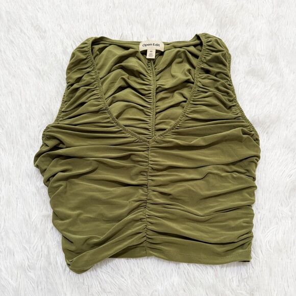 Women Open Edit Ruched Sleeveless V-neck Top In Olive Sphagnum Size Extra Small - Picture 4 of 8